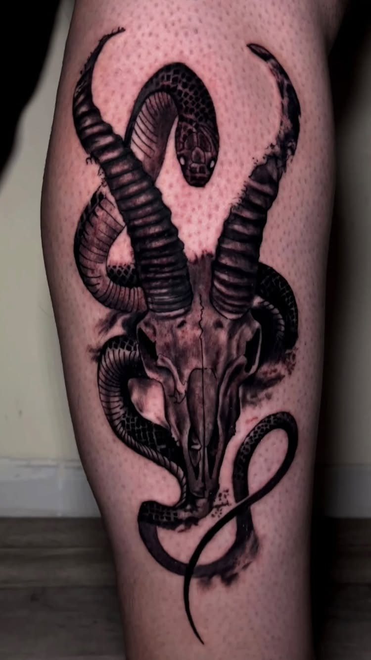 Horned animal skull entwined with a snake in a black and grey tattoo.