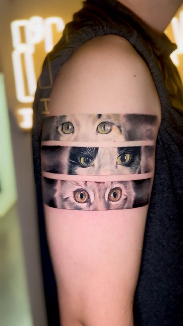 Realistic tattoo of three different cat eyes in horizontal strips on an arm.