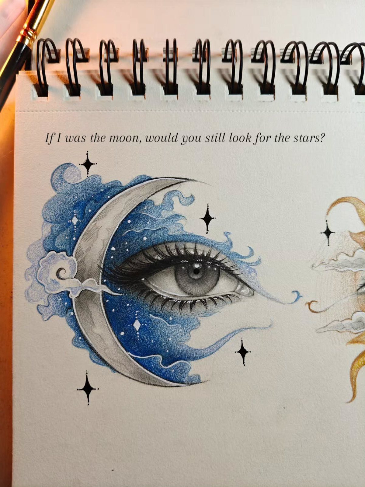 Drawing of a realistic eye merged with a crescent moon and blue starry clouds.