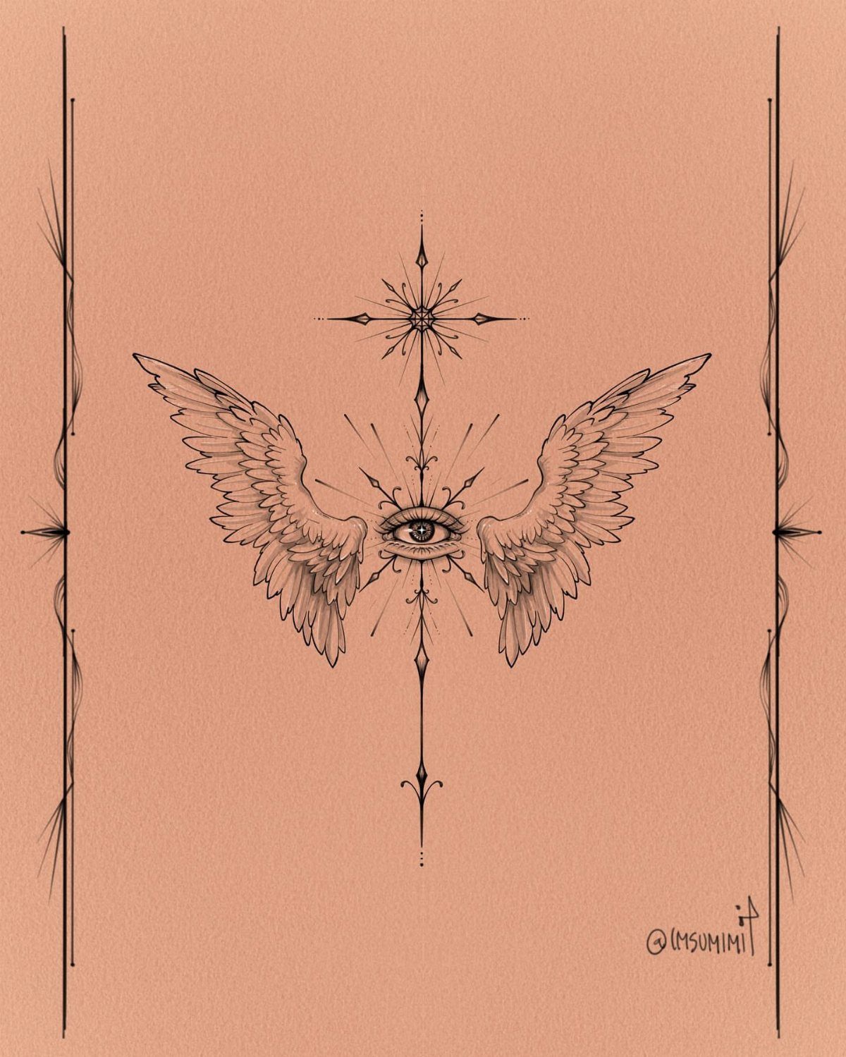 Eye with feathered wings and geometric starburst accents drawn in black ink.