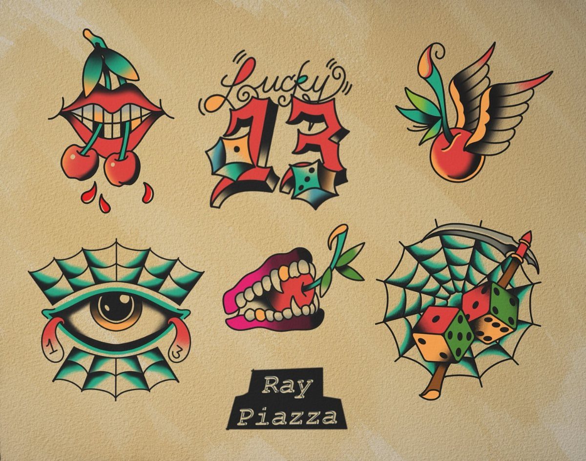 Traditional tattoo flash designs including Lucky 13 text, cherries, and a spider web eye.