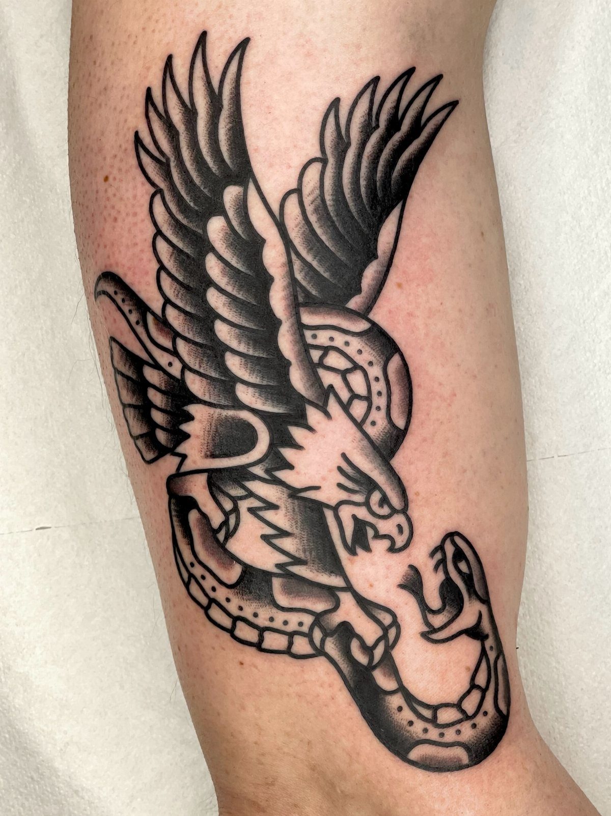 Traditional black and grey tattoo of an eagle fighting a snake on skin