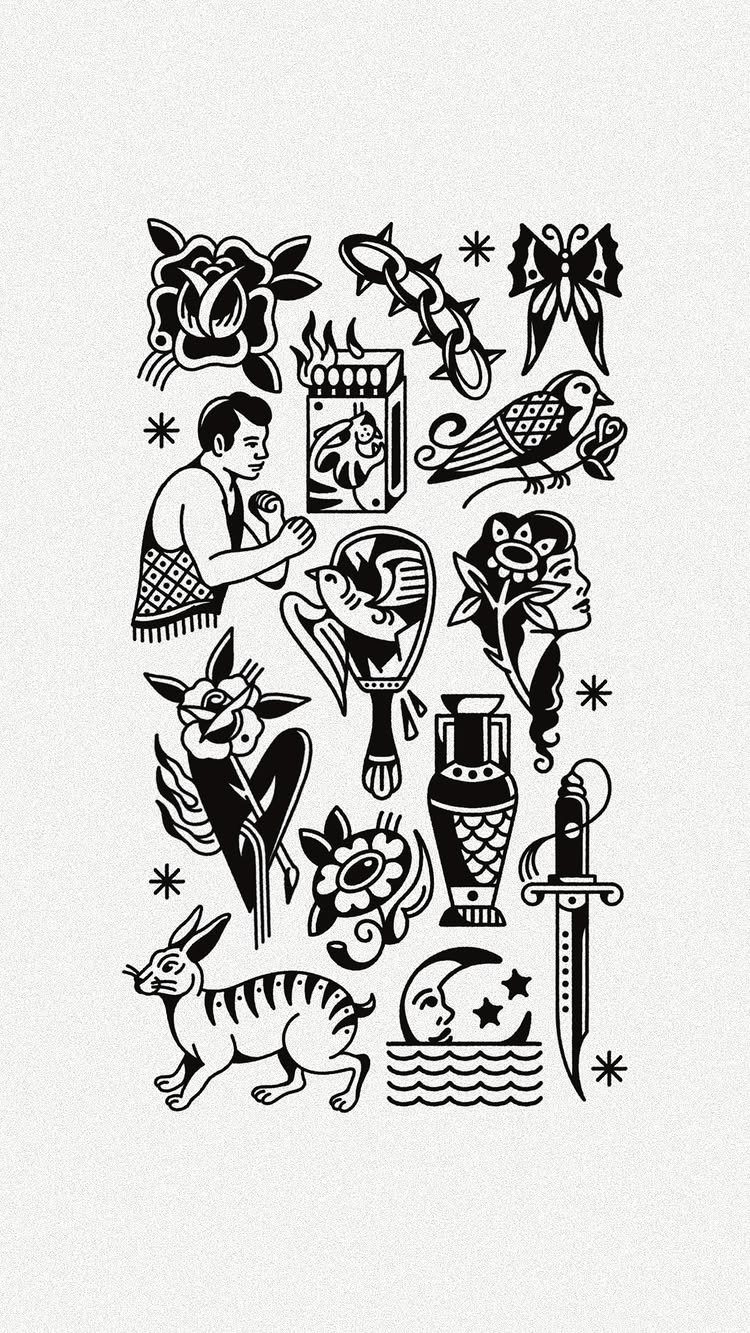 Black and white traditional tattoo flash sheet featuring various classic nautical and floral motifs.
