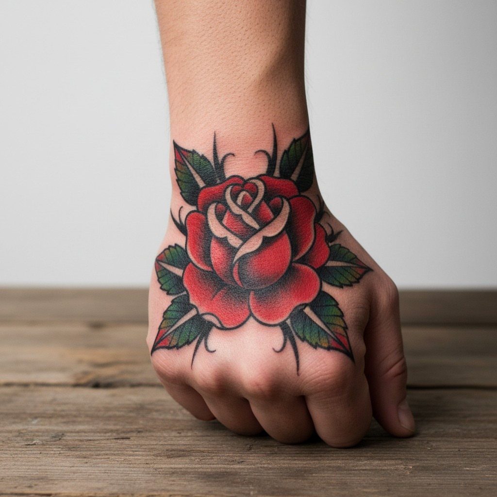 Red rose tattoo with green leaves on the back of a person's hand.