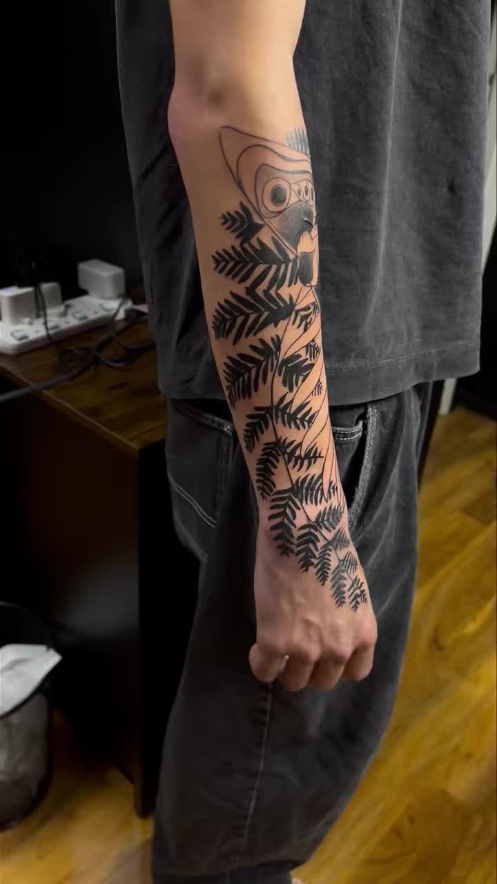 Forearm tattoo of a moth and fern leaves in black ink.