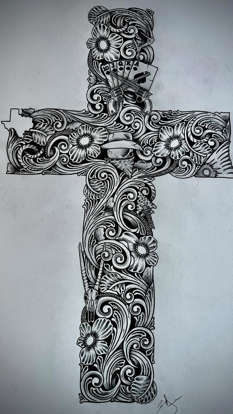 Cross design filled with western leather tooling, floral scrolls, and cowboy motifs.